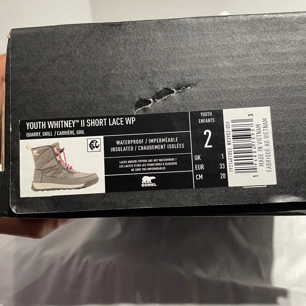 Sorel‎ Whitney II Puffy Mid Waterproof Winter Boots Kids Quarry Grey Pink 13
